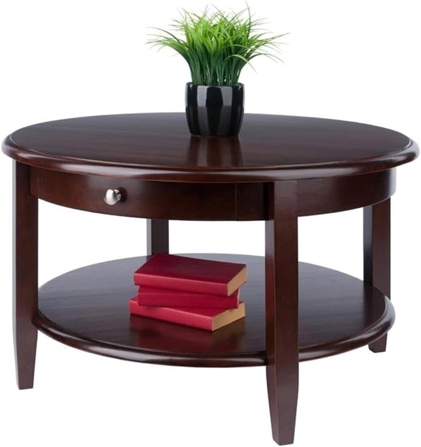 Pemberly Row Round Transitional Solid Wood Coffee Table, Antique Walnut Finish, 18 in x 30 in, Open Lower Shelf, Drawer Storage, Tapered Legs, Classic Style for Living Room or Home Decor