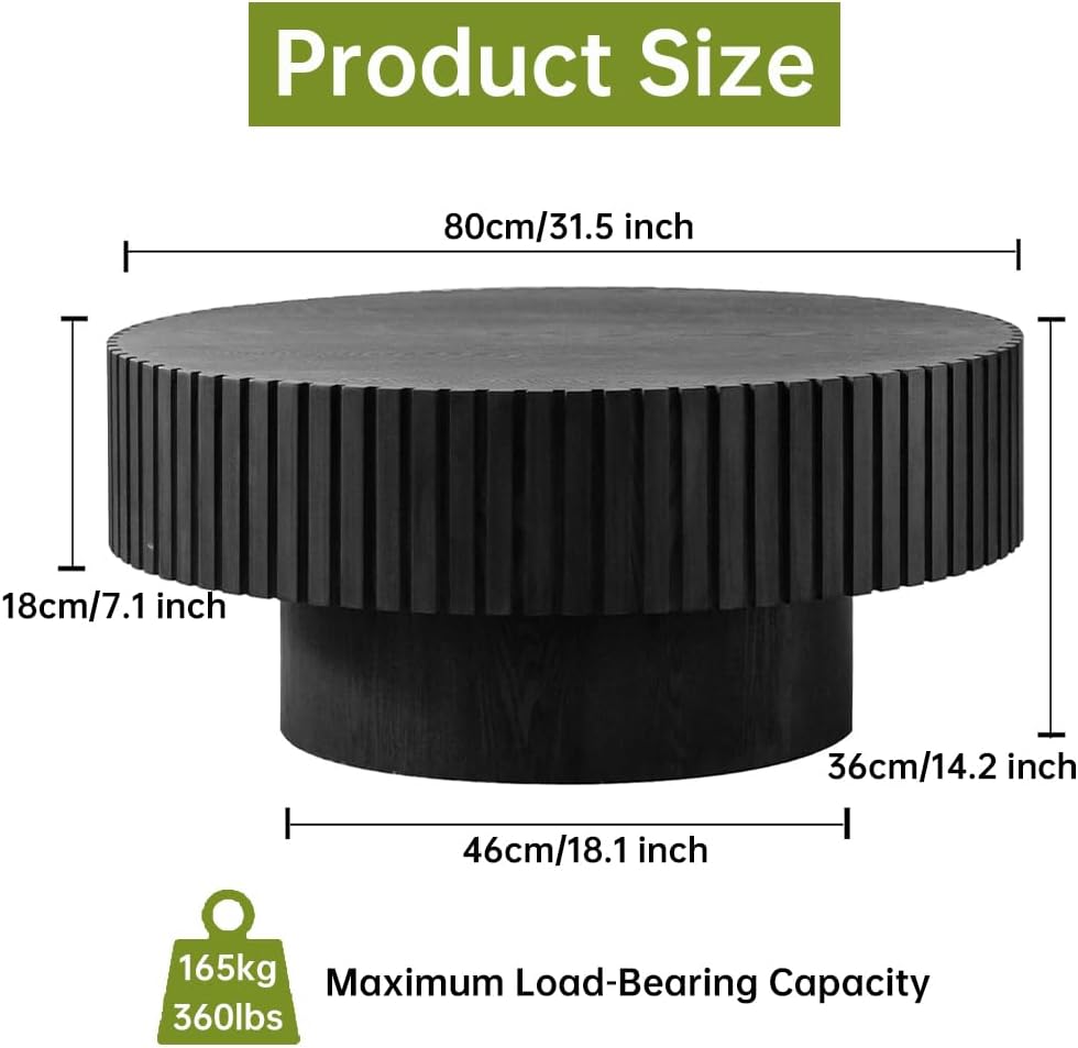 Round Fluted Coffee Table Round Drum Coffee Table for Living Room Modern Circular Pedestal Center Table (Circle Black 31.5in)