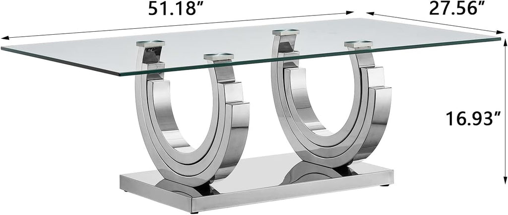 1 Piece Living Room Coffee Table Luxury Glass Center Table, Modern Silver Coffee Table with C-Shape Stainless Steel Pedestal Base