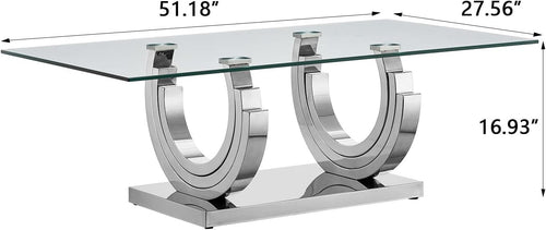 1 Piece Living Room Coffee Table Luxury Glass Center Table, Modern Silver Coffee Table with C-Shape Stainless Steel Pedestal Base