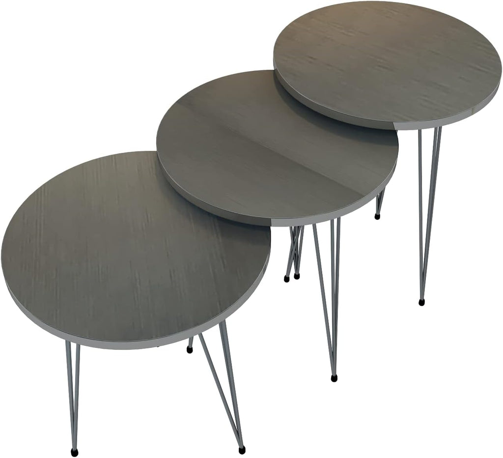 Set of 3 Nesting End Tables Round Wood Stacking Coffee Side Accent Table with Metal Legs for Living Room, Home Office, Nightstands for Bedroom