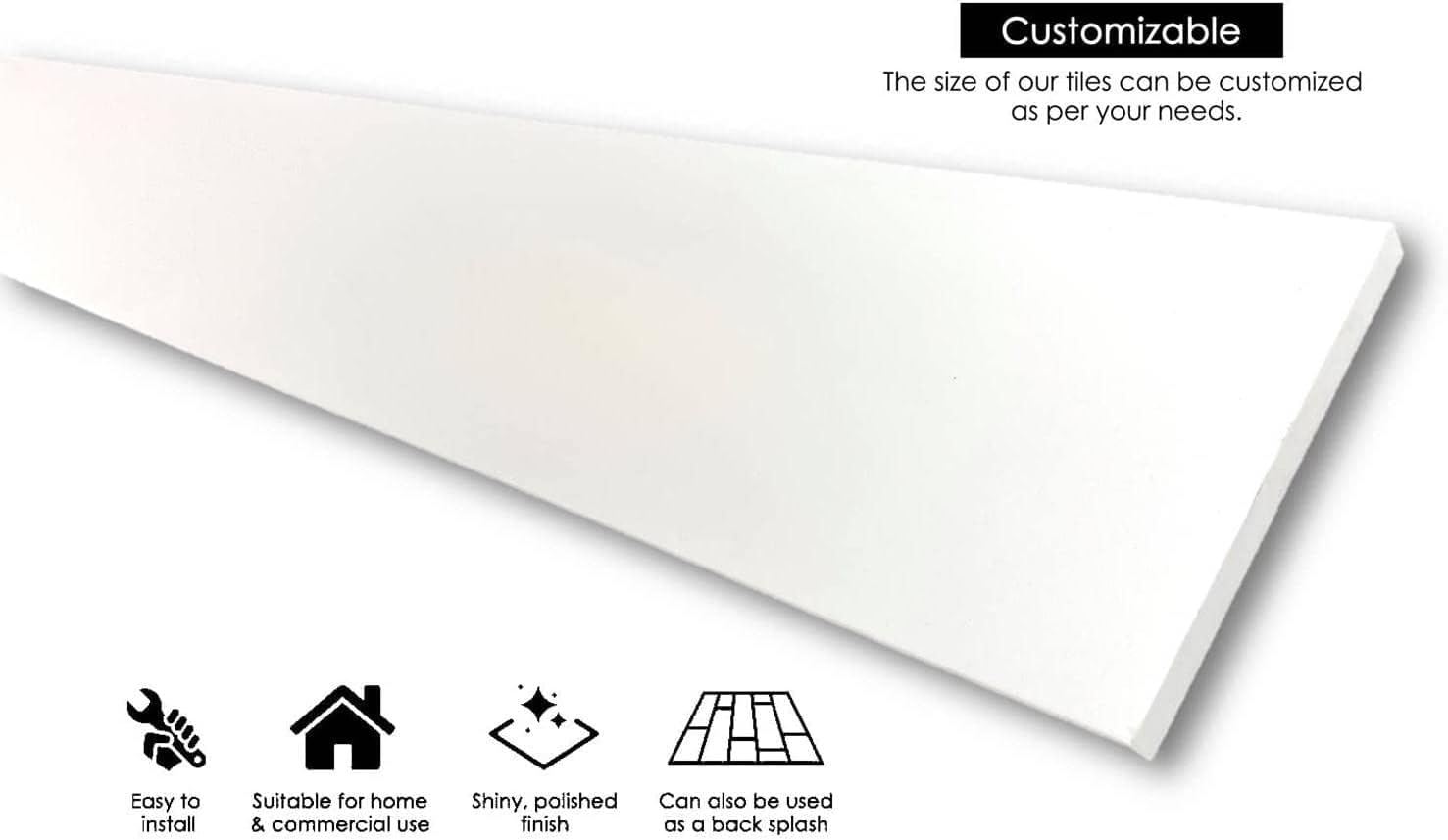 Tenedos Solid White Engineered Marble Doorway Floor Threshold Saddle Polished, for Shower Curb, Bathroom Vanity Backsplash, Window Sill, Maintenance Free, Stain Resistant (4' x 48')