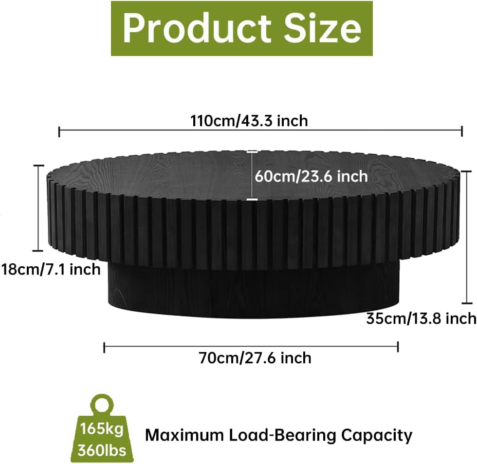 43.3in Oval Fluted Coffee Table Drum Coffee Tables for Living Room Modern Pedestal Center Table (Oval Black 43.3in)
