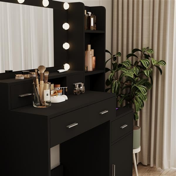 Vanity Desk with Mirror and Lights - Black Table, 5 Drawers Display Cabinet, 3 Lighting Modes, Bedroom Makeup Nightstand Tabletop Shelf