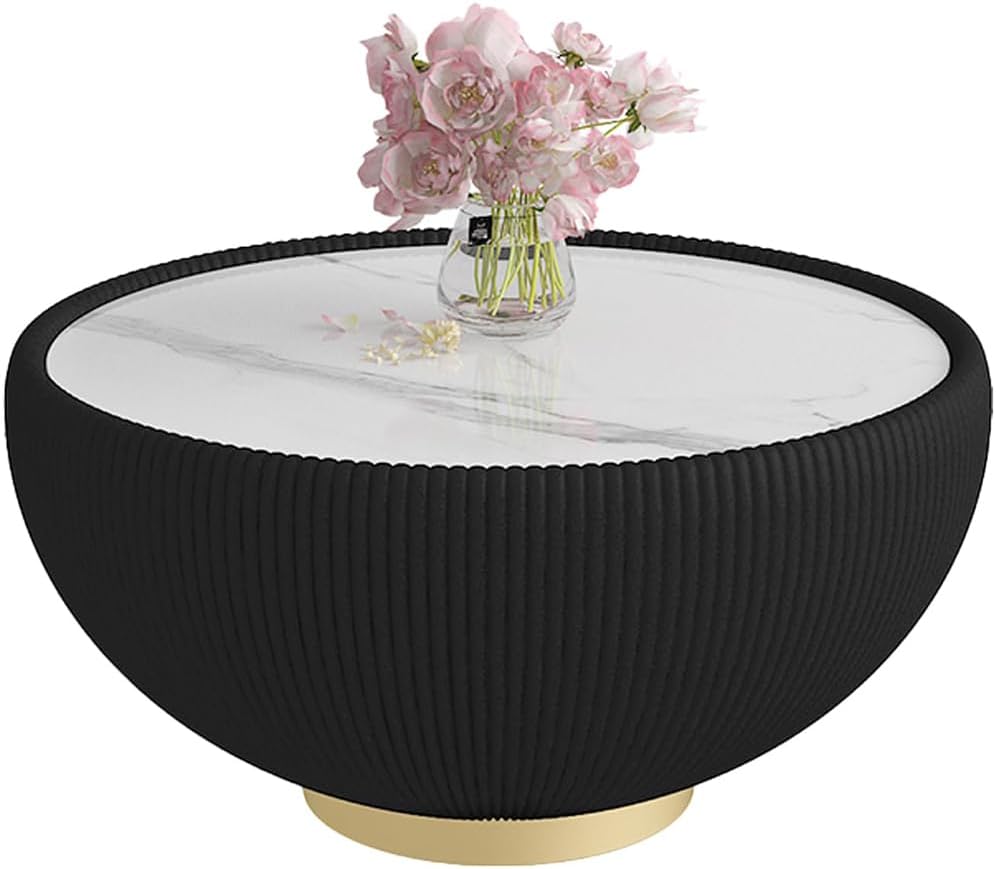 29.53' Round Coffee Table, Modern Cocktail Tables with Decorative Vertical Texture, 29.53 inch Black Bowl Center Tables, Accent Sintered Stone Coffee Table for Living Room Apartment Office