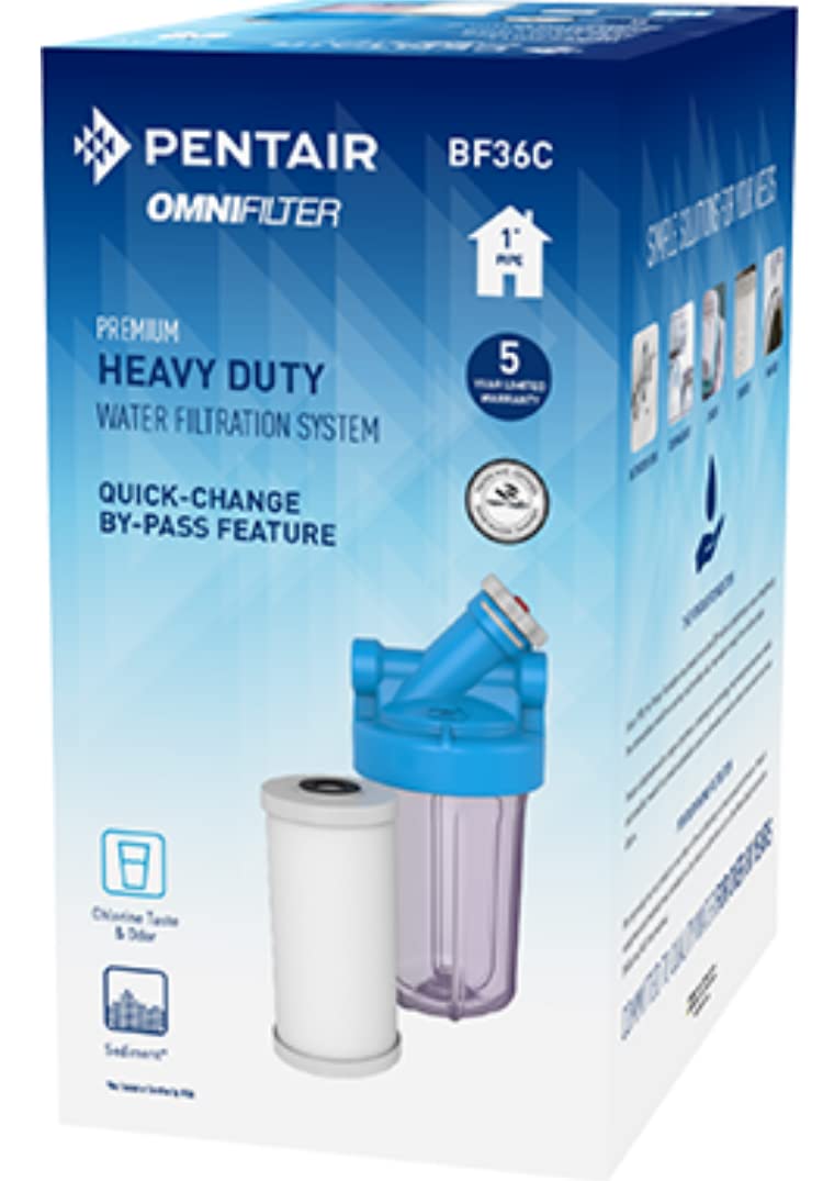 Pentair OMNIFilter BF36C Whole House Water Filtration System, 10' Heavy Duty Big Blue Clear Housing, Valve-in-Head 1' NPT, NSF Certified to Reduce Chlorine Taste and Odor, Includes TO8 Cartridge