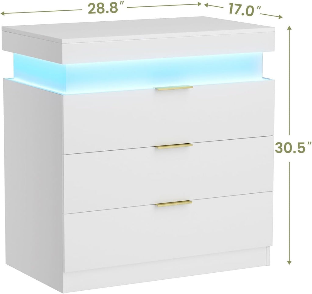 White Nightstand with Charging Station and LED Light,30.5'' Tall Night Stand with Sliding Top for Bedroom, Bedside Table with 3 Drawers, Modern End Side Table for Living Room