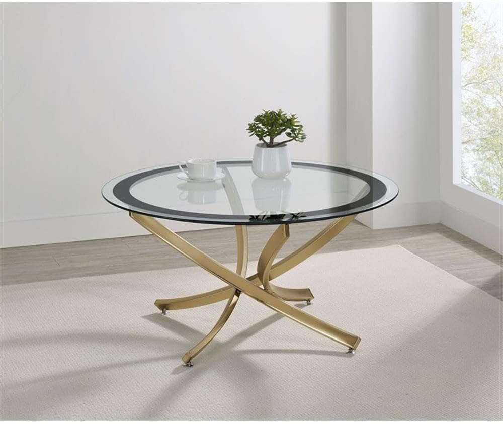 Pemberly Row Contemporary Round Coffee Table, Tempered Glass Top, Metal Base, Rose Brass Electroplated Finish, 35.5 in Diameter, Black Frame, Elegant Living Room Centerpiece