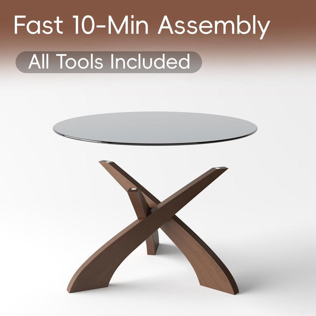 Honyee Glass Coffee Table, 30.7' Round Coffee Table with Tempered Glass Top, Walnut Wood X-Shaped Base, Stable Modern Center Table for Living Room, Apartment and Small Spaces