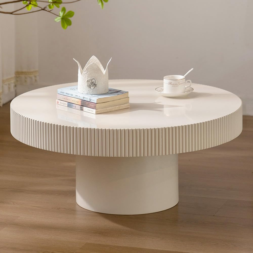Round Drum Coffee Table White Round Fluted Coffee Table Modern Unique Fluted Drum Coffee Tables for Living Room (Ivory White, 30.7 * 30.7 * 13.6')