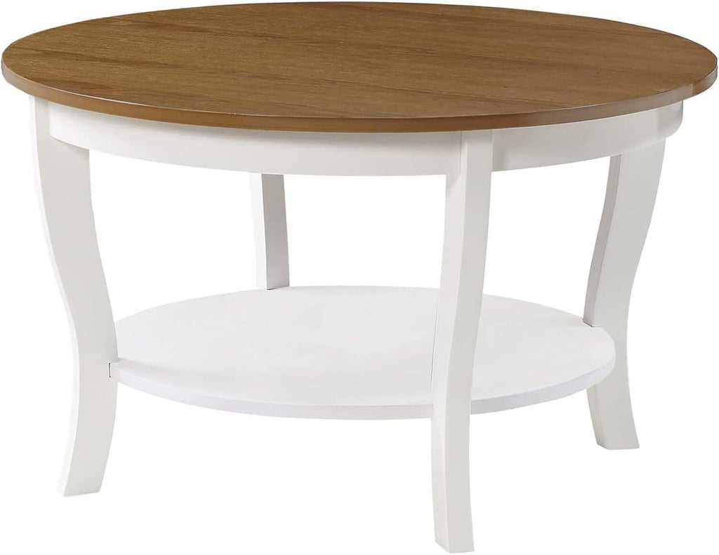 HomeStock Global Greatness Round Coffee Table with Shelf, Wood Finish, Classic Transitional Style Table, Two Tier Spacious Shelving, 30.00 x 30.00 x 18.00 Inch Driftwood and White