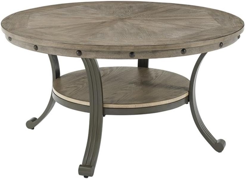Pemberly Row Round Coffee Table, 36' Wood and Metal, Pewter and Champagne Finish, Inlay Patterned Top, Lower Shelf, Transitional Style Living Room Furniture