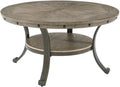 Pemberly Row Round Coffee Table, 36' Wood and Metal, Pewter and Champagne Finish, Inlay Patterned Top, Lower Shelf, Transitional Style Living Room Furniture