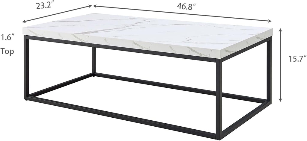 CENSI 47-Inch White Marble Coffee Table Ottoman Center Table for Living Room, Rectangle Modern Industrial Style,Wood and Metal (Marble)