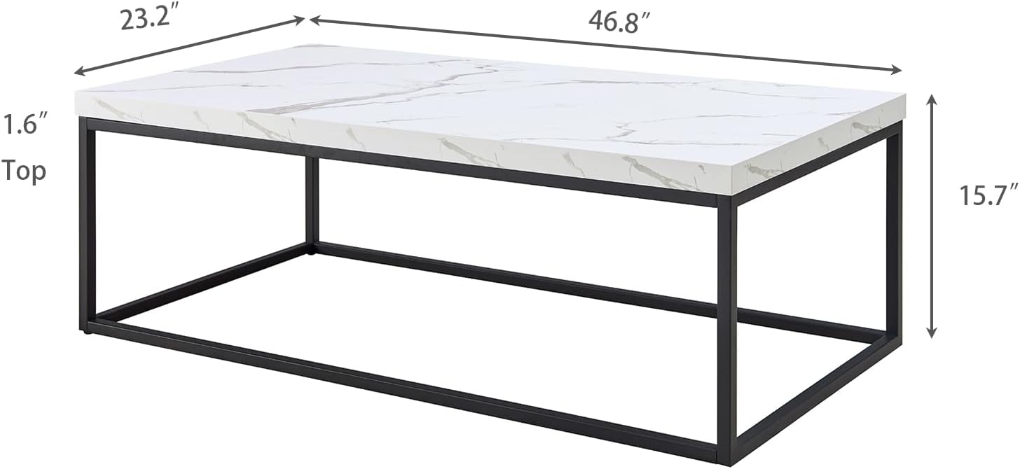 CENSI 47-Inch White Marble Coffee Table Ottoman Center Table for Living Room, Rectangle Modern Industrial Style,Wood and Metal (Marble)