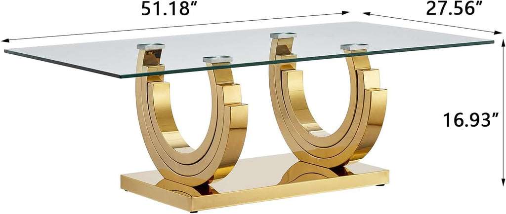 SSLine Modern 1 Piece Living Room Coffee Table Luxury Gold Glass Coffee Table with Ring-Shape Stainless Steel Base for Living Room Bedroom Office (1 Coffee Table)