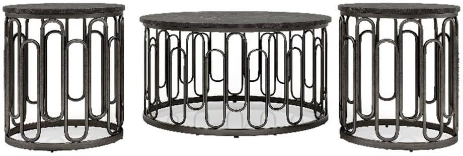 BOWERY HILL Marble and Metal 3-Piece Coffee Table Set, Black Finish, Includes Round Marble Coffee Table 36 in and 2 End Tables 20 in, Sturdy Decorative Iron Base, Contemporary Style Living Room