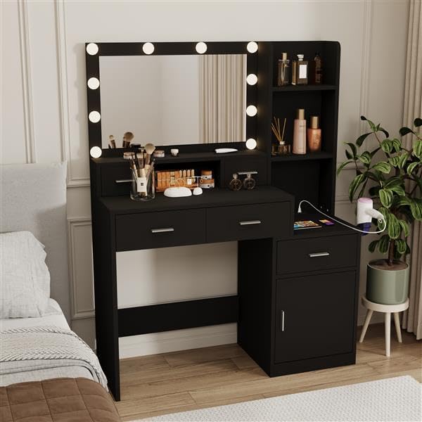 Vanity Desk with Mirror and Lights - Black Table, 5 Drawers Display Cabinet, 3 Lighting Modes, Bedroom Makeup Nightstand Tabletop Shelf