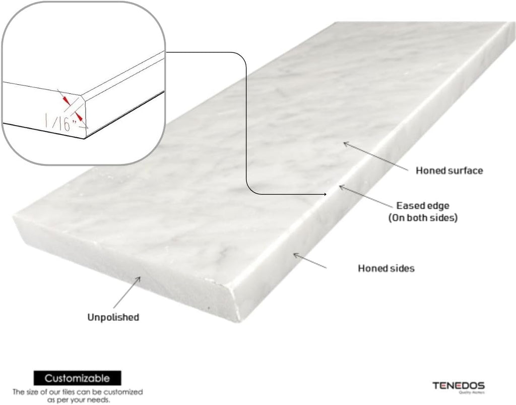 Tenedos Carrara Marble Threshold Tile (Marble Saddle) Honed Finish for Shower Curb, Doorway Floor Transition, Bathroom Vanity Backsplash, Window Sill, Custom Length and Width (Thickness: 0.75 inches)