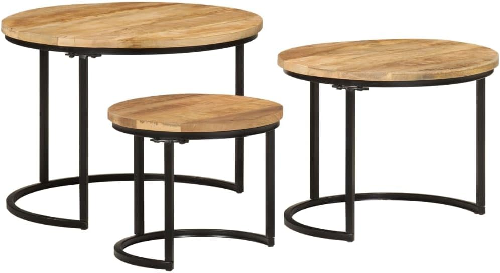 vidaXL Solid Rough Mango Wood Nesting Tables - 3 pcs Set of Round Stacking Coffee Tables with Industrial Design for Living Room, Bedroom, and Office Use