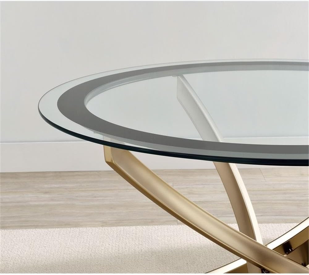Pemberly Row Contemporary Round Coffee Table, Tempered Glass Top, Metal Base, Rose Brass Electroplated Finish, 35.5 in Diameter, Black Frame, Elegant Living Room Centerpiece