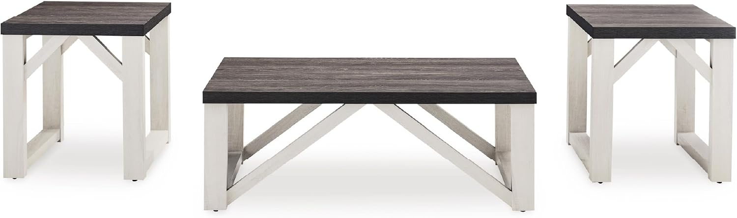 Signature Design by Ashley Dorrinson Farmhouse Table Set for Living Room, Set of 3, Dark Brown & White