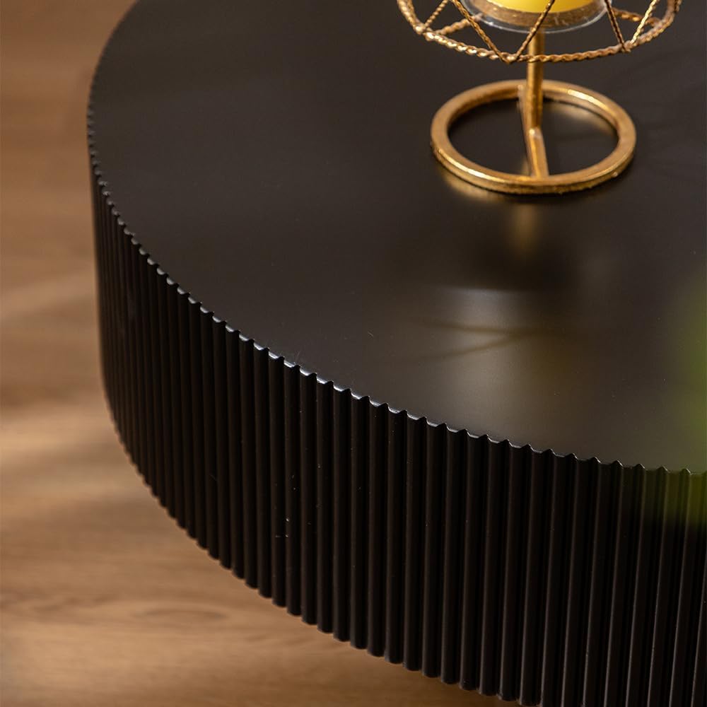Round Fluted Coffee Table Round Drum Coffee Table for Living Room Modern Circular Pedestal Center Table (Circle Black 30.9in)