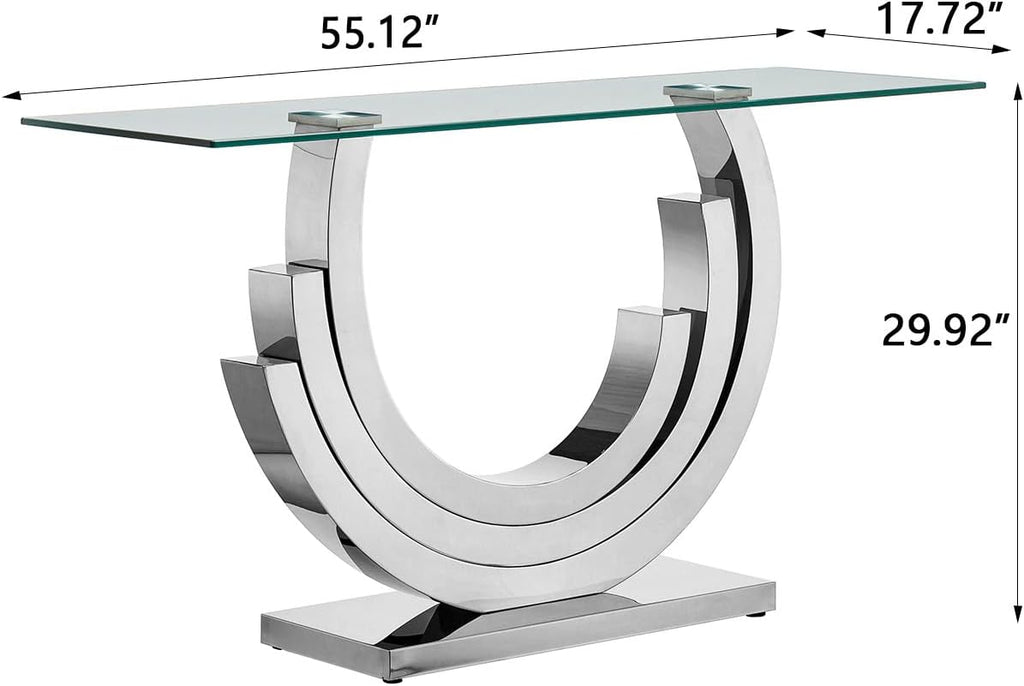 SSLine 1 Piece Living Room Console Table Luxury Glass Entryway Table,Modern Silver Console Table with Ring-Shape Stainless Steel Pedestal Base for Hallway Corridor(1 Console Table)