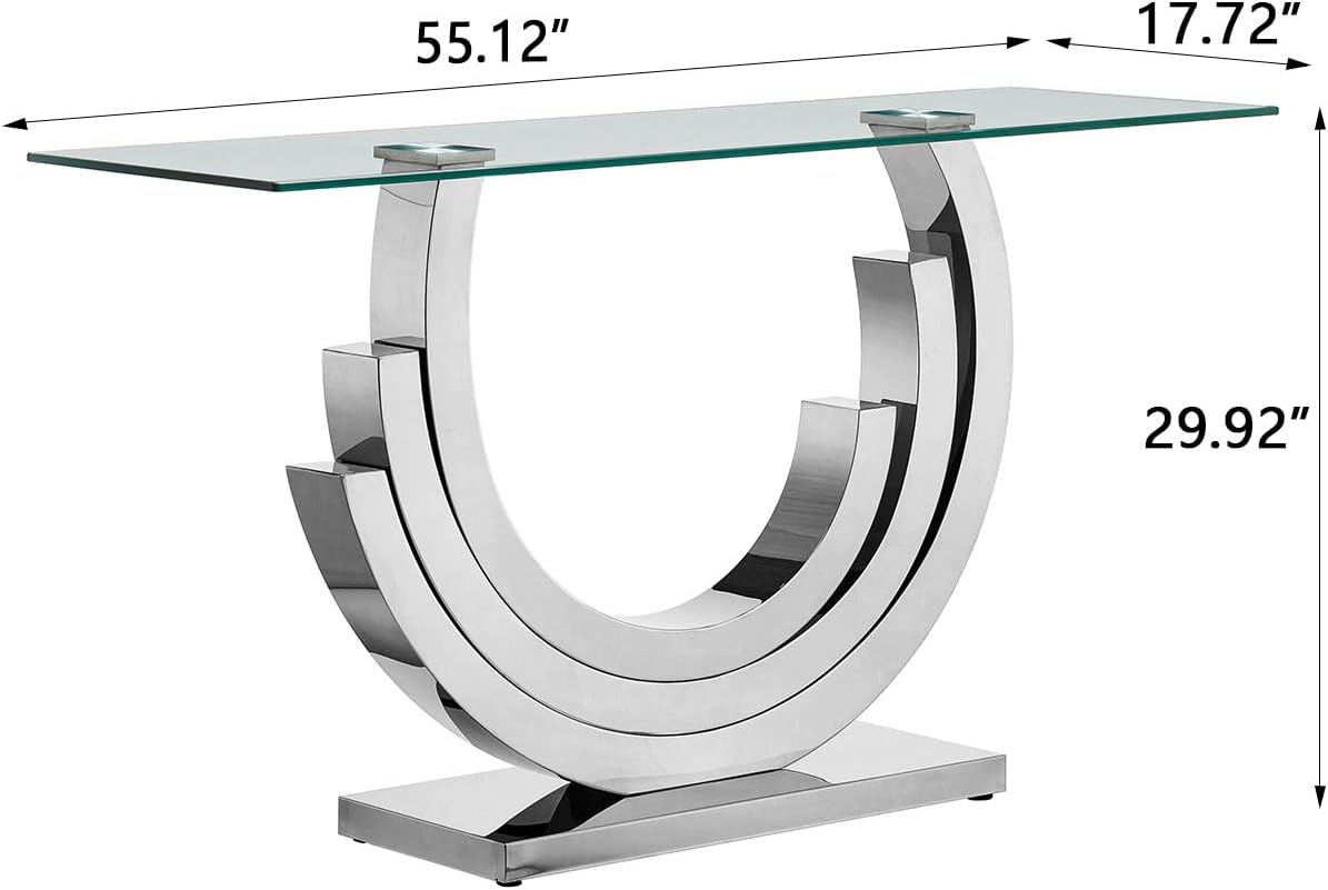 SSLine 1 Piece Living Room Console Table Luxury Glass Entryway Table,Modern Silver Console Table with Ring-Shape Stainless Steel Pedestal Base for Hallway Corridor(1 Console Table)
