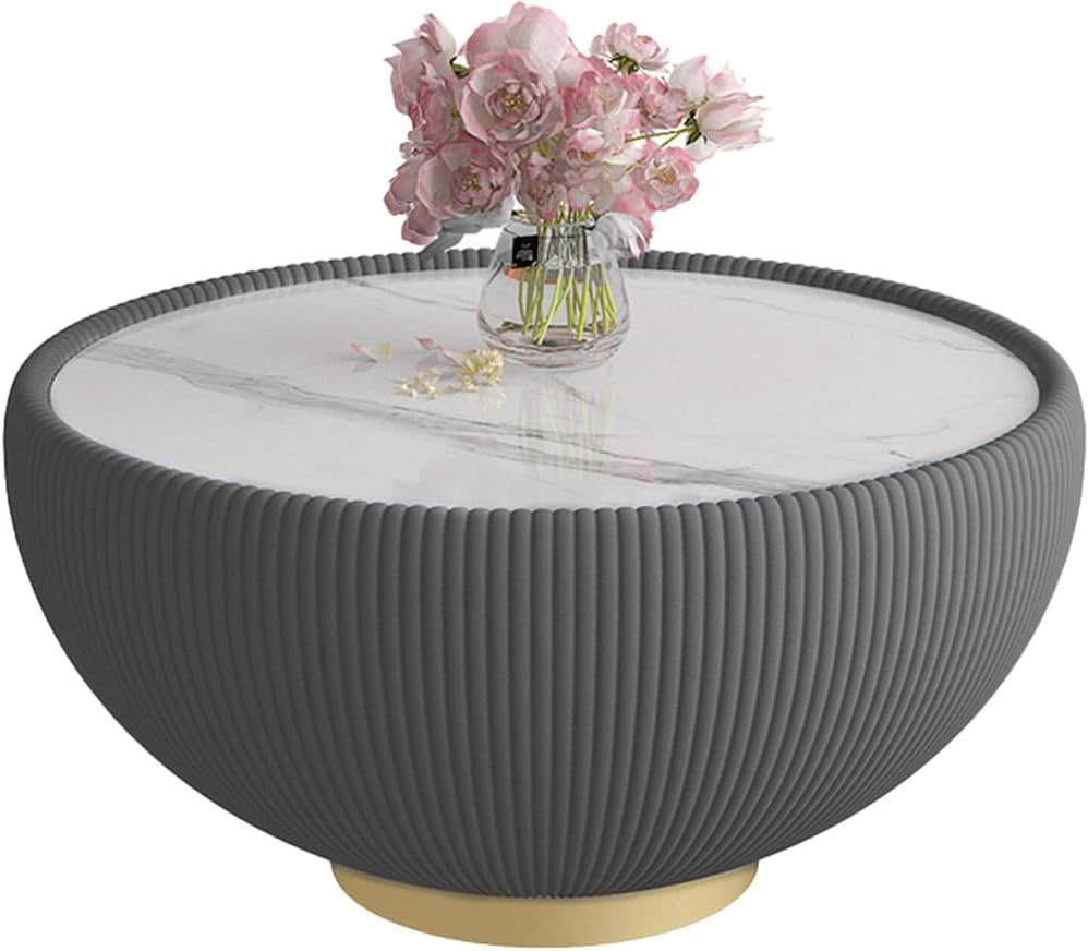 29.53' Round Coffee Table, Modern Cocktail Tables with Decorative Vertical Texture, 29.53 inch Grey Bowl Center Tables, Accent Sintered Stone Coffee Table for Living Room Apartment Office