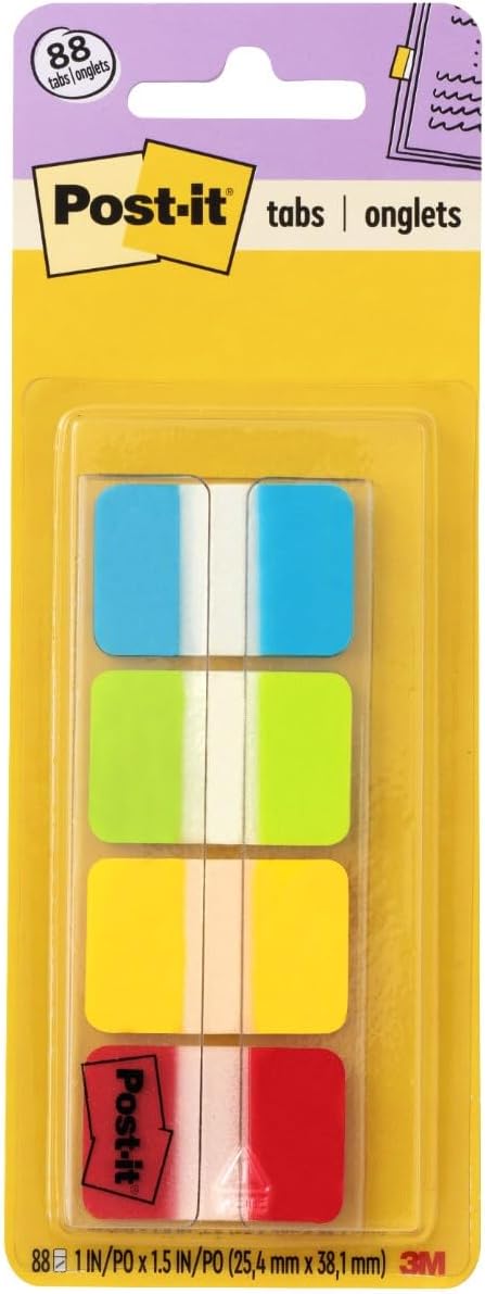Post-it Tabs, 1 in Solid, Aqua, Lime, Yellow, Red, 22/Color, 88/Dispenser (686-ALYR1IN) (24 Pack)