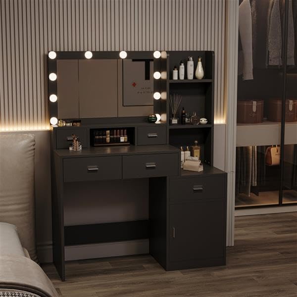 Vanity Desk with Mirror and Lights - Black Table, 5 Drawers Display Cabinet, 3 Lighting Modes, Bedroom Makeup Nightstand Tabletop Shelf