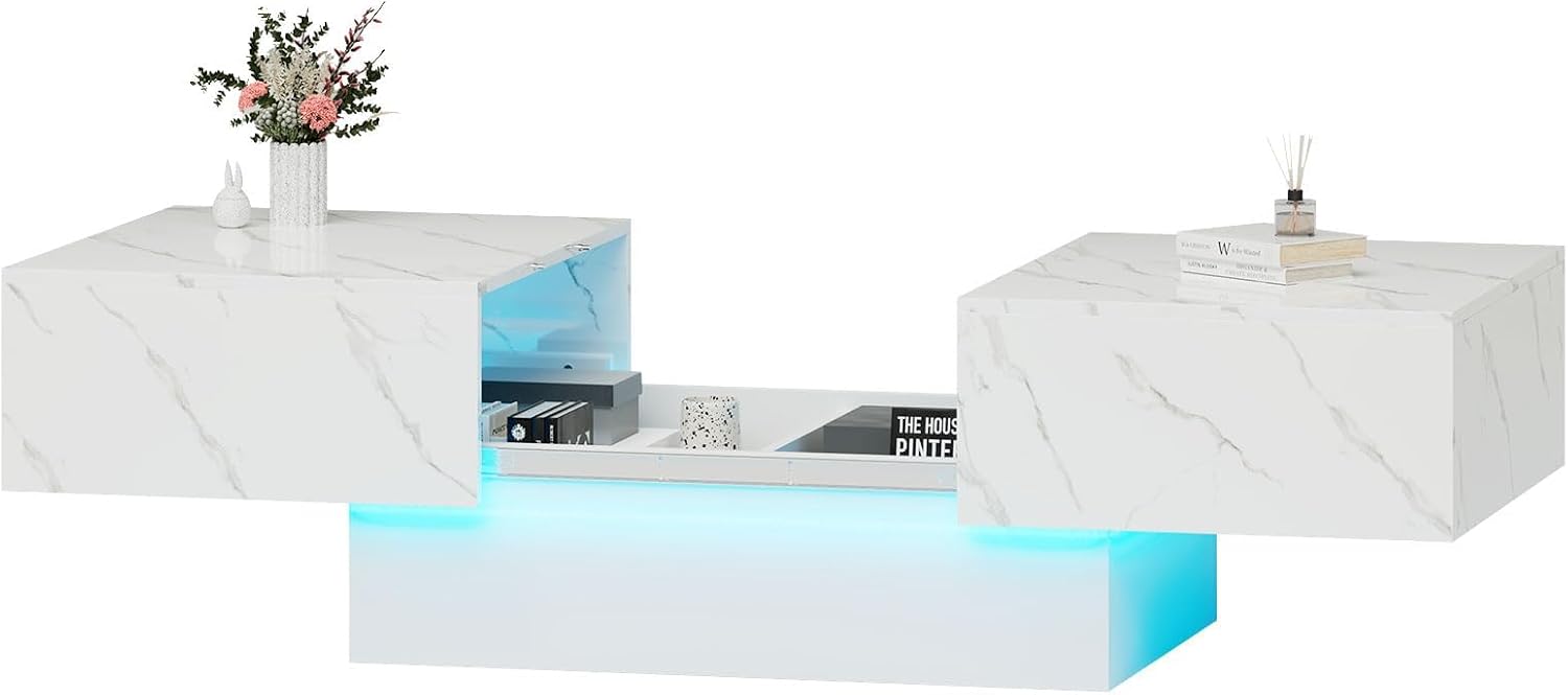 HedoAjim White Marble LED Coffee Table with Storage for Living Room, Living Room Table Rectangular Center Table, Modern High Glossy Wooden Coffee Tables for Dining Reception Room