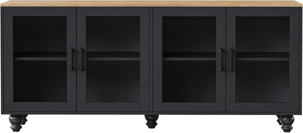 Ball & Cast Farmhouse TV Stand with Tempered Glass Doors for TVs up to 70',Sideboard Buffet w/5 Solid Wood Gourd-Shaped Legs & Adjustable Shelf,Entertainment Center for Living Room,Black+Natural