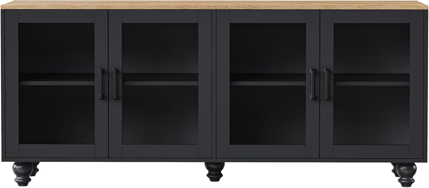 Ball & Cast Farmhouse TV Stand with Tempered Glass Doors for TVs up to 70',Sideboard Buffet w/5 Solid Wood Gourd-Shaped Legs & Adjustable Shelf,Entertainment Center for Living Room,Black+Natural