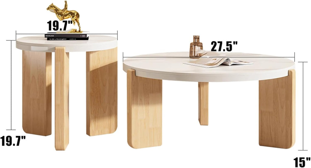Round Nesting Coffee Table Set of 2,Solid Wood Coffee Table for Living Room,Modern Minimalist Coffee Table Center Table,Wooden Cream Table with 3 Round Legs table, 3344qtyy56