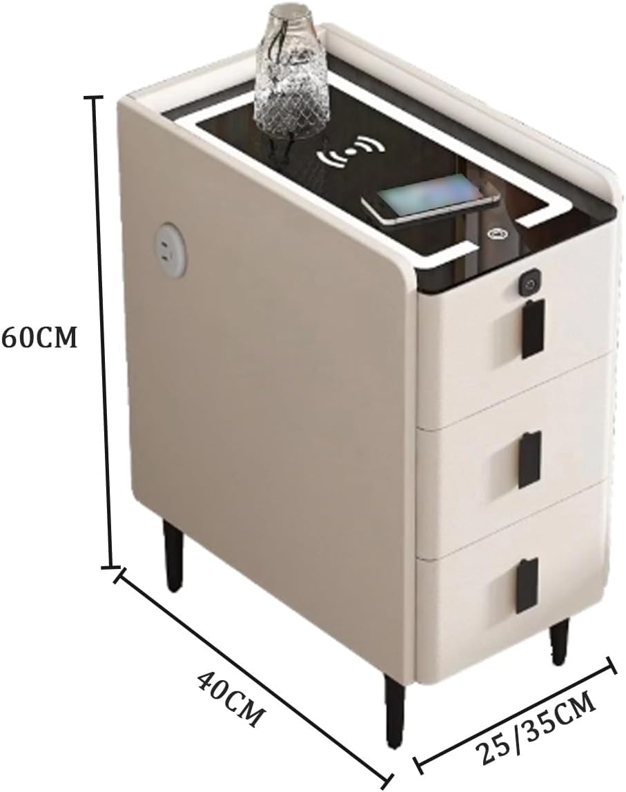 Narrow Nightstand, Smart Nightstand with Fingerprint Locks & Wireless Charging, Tempered Glass Tabletop for Valuables