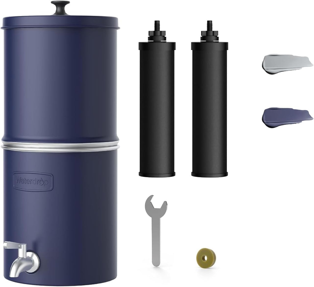 Waterdrop TK-AP Gravity Water Filter System, NSF/ANSI 42&372 Standard, Stainless Steel Water System with 2 Carbon Filters, Reduces Lead and Chlorine for Home, Emergencies, Blue, 2.25G