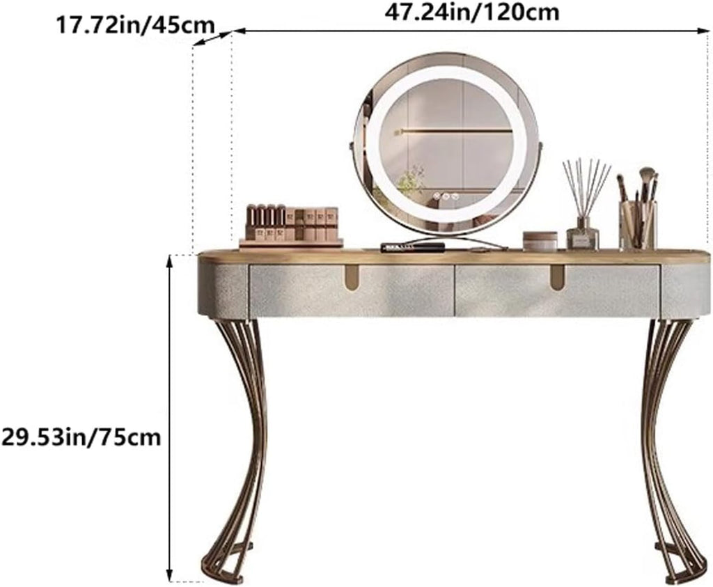 Thick Table Top Vanity Desk with Mirror Tri-Colour Lighting Creative Design Mirror Stainless Steel Stand Solid Wood Frame Makeup Table