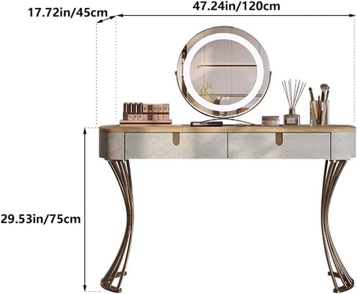 Thick Table Top Vanity Desk with Mirror Tri-Colour Lighting Creative Design Mirror Stainless Steel Stand Solid Wood Frame Makeup Table