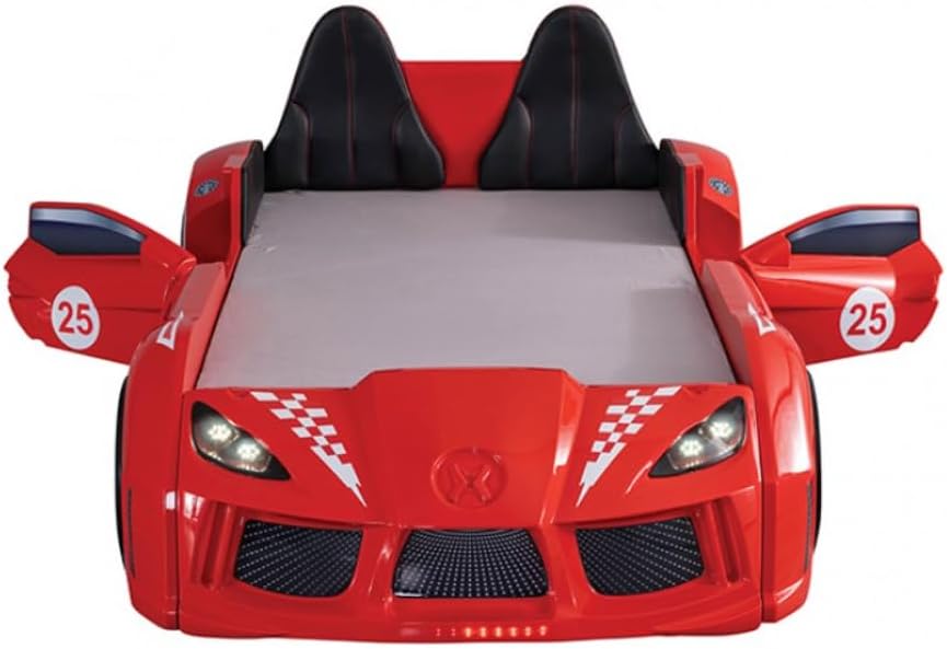 MASARA Race Car Twin Size Bed Frame for Boys with LED Lights, Music Player & Magnetic Doors | Kids Bedroom Furniture, Red