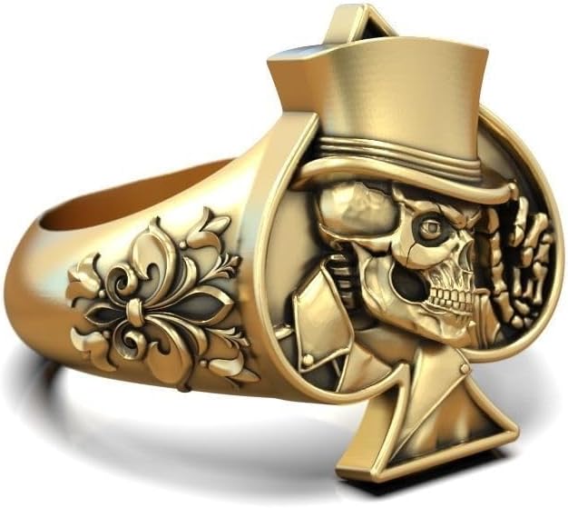 Leaf Art Deco Heraldic Lily Flower Joker Playing Card Spades Skull Ring 14K Gold Plated Gothic Gamblers Men Signet Card Ring Oxidized 925 Sterling Silver Handcrafted Skull Card Spade Ring Gift For Him