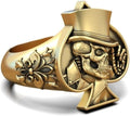 Leaf Art Deco Heraldic Lily Flower Joker Playing Card Spades Skull Ring 14K Gold Plated Gothic Gamblers Men Signet Card Ring Oxidized 925 Sterling Silver Handcrafted Skull Card Spade Ring Gift For Him
