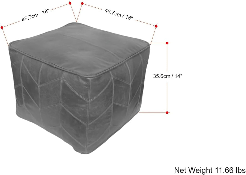 SIMPLIHOME Morden Square Pouf - 18 inch Wide Upholstered Genuine Leather Ottoman in Brown, Contemporary Footstool or Extra Seating for Living Room or Bedroom with Chevron Pattern, Assembled
