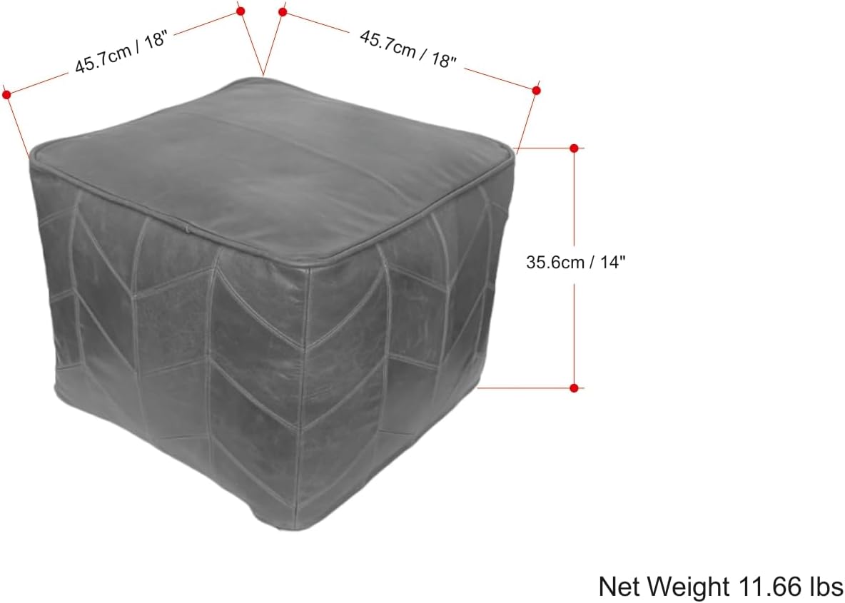 SIMPLIHOME Morden Square Pouf - 18 inch Wide Upholstered Genuine Leather Ottoman in Brown, Contemporary Footstool or Extra Seating for Living Room or Bedroom with Chevron Pattern, Assembled