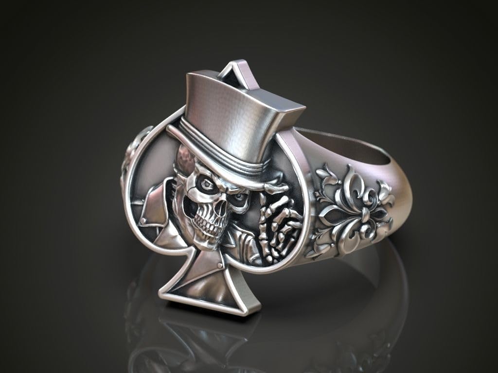 Leaf Art Deco Heraldic Lily Flower Joker Playing Card Spades Skull Ring 14K Gold Plated Gothic Gamblers Men Signet Card Ring Oxidized 925 Sterling Silver Handcrafted Skull Card Spade Ring Gift For Him