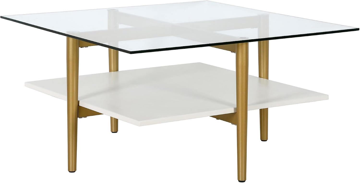 Otto 32' Wide Square Coffee Table with White Lacquer Shelf in Brass