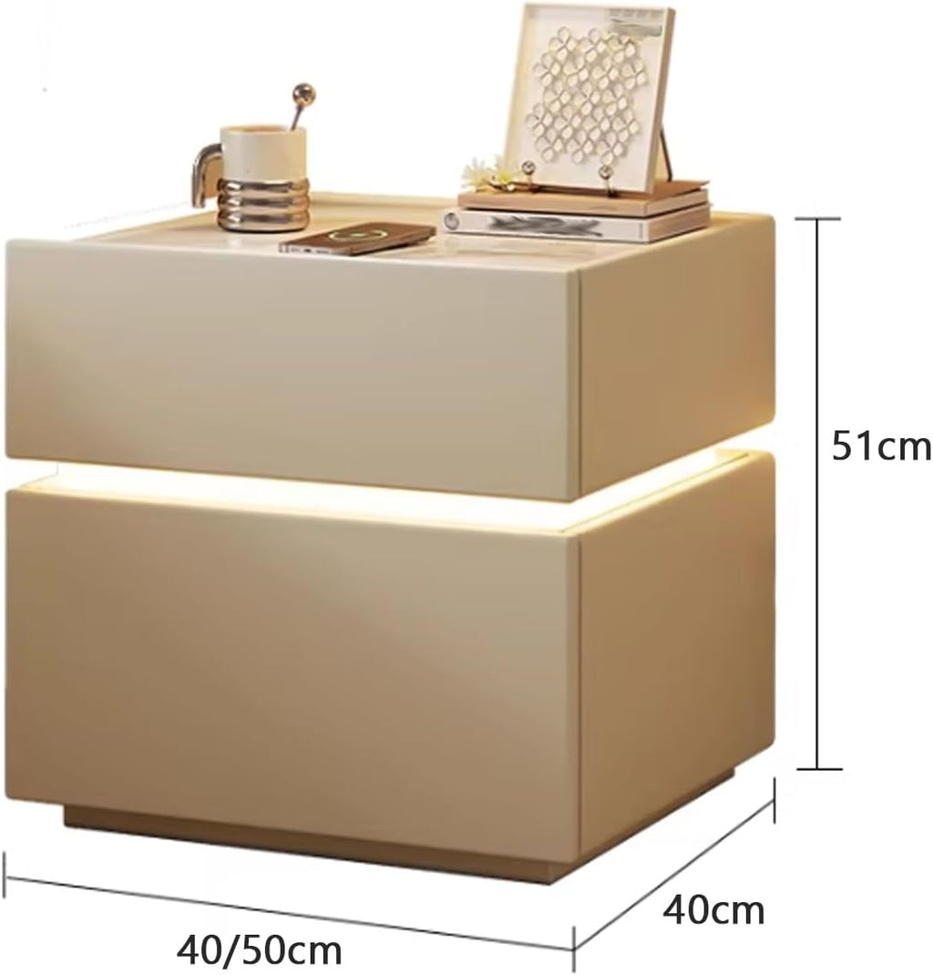 White Night Stand, Modern Nightstand with Touch-Sensitive Tri-Color Lighting & Slab Tabletop, Solid Wood, Concave Cabinet Legs