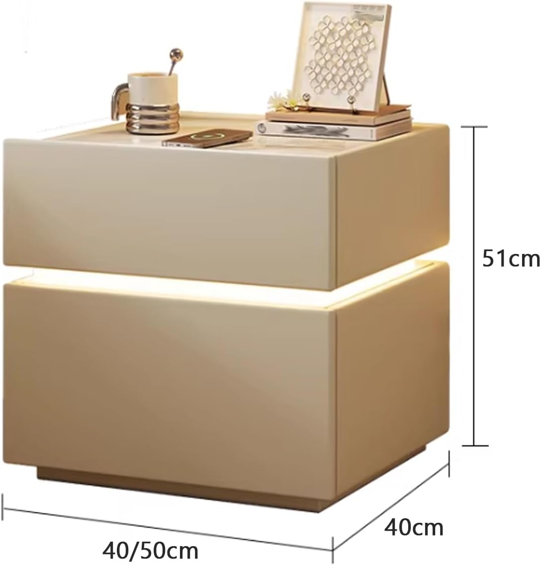 White Night Stand, Modern Nightstand with Touch-Sensitive Tri-Color Lighting & Slab Tabletop, Solid Wood, Concave Cabinet Legs