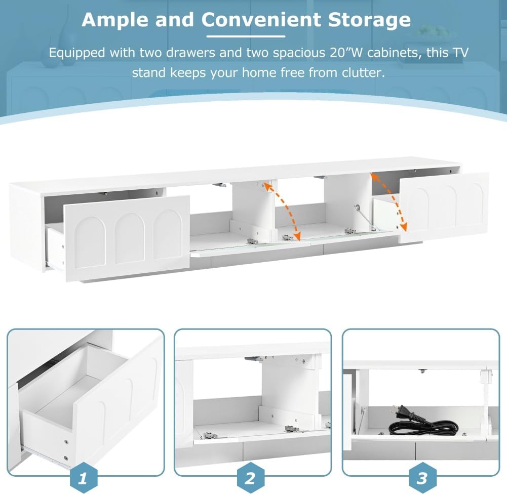 86.6' LED TV Stand with Fluted Tempered Glass Doors for TVs Up to 95'', Functional Media Console Entertainment Center with Arched Cabinet Doors (White)